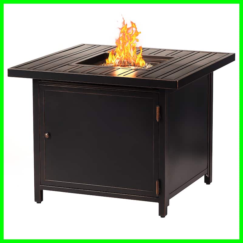 Square 32 in. x 32 in. Aluminum Propane Fire Pit Table with Glass Beads, Two Covers, Lid, 37,000 BTUs - N/A - Black