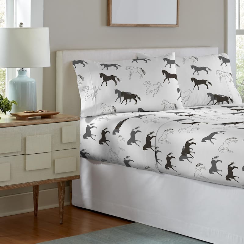 Pointehaven Soft Cotton 180 GSM Deep Pocket Oversized Brushed Flannel Sheet Set - Stallions - Grey - Twin XL