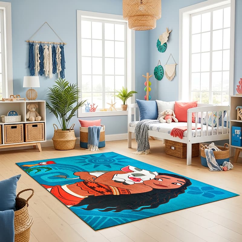 Licensed Disney Moana Pua HeiHei Modern Hawaiian Character Printed Flannel Non-Slip Washable Indoor Kids Area Rug, 54"x78"