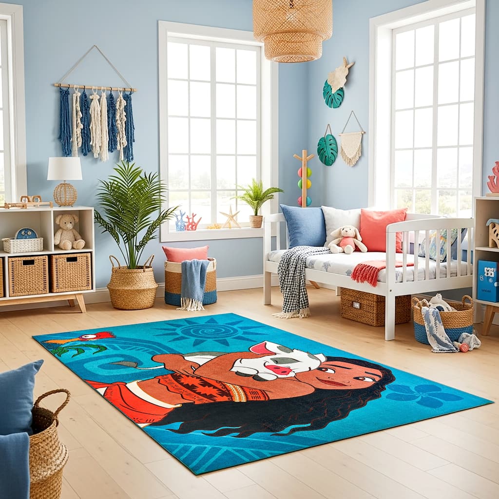 Licensed Disney Moana Pua HeiHei Modern Hawaiian Character Printed Flannel Non-Slip Washable Indoor Kids Area Rug, 54"x78"