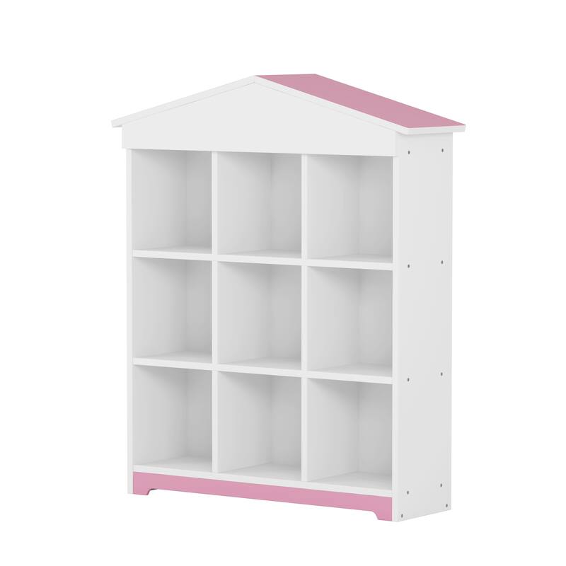 House shaped Storage Rack with Nine Storage Compartments,Three layer Bookshelf with Colorblock Design