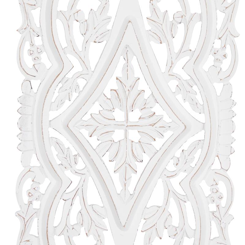 White Wood Handmade Intricately Carved Arabesque Floral Home Wall Decor (Set of 2)