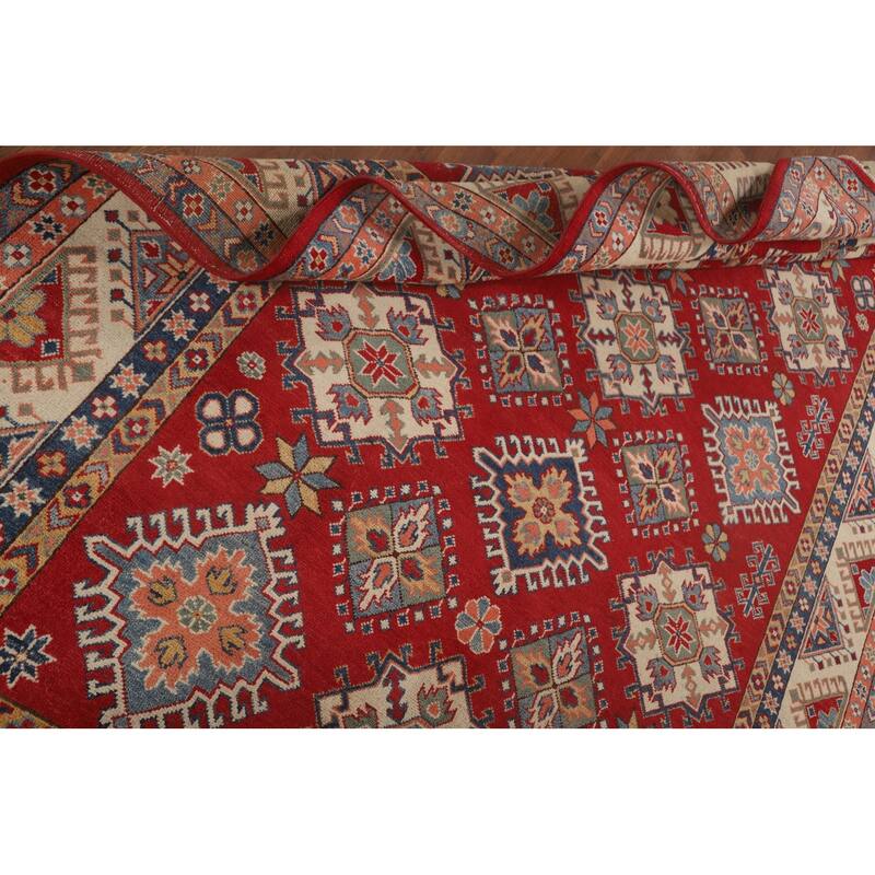 Geometric Kazak Area Rug Hand-Knotted Red Wool Carpet - 6'5" x 9'10"