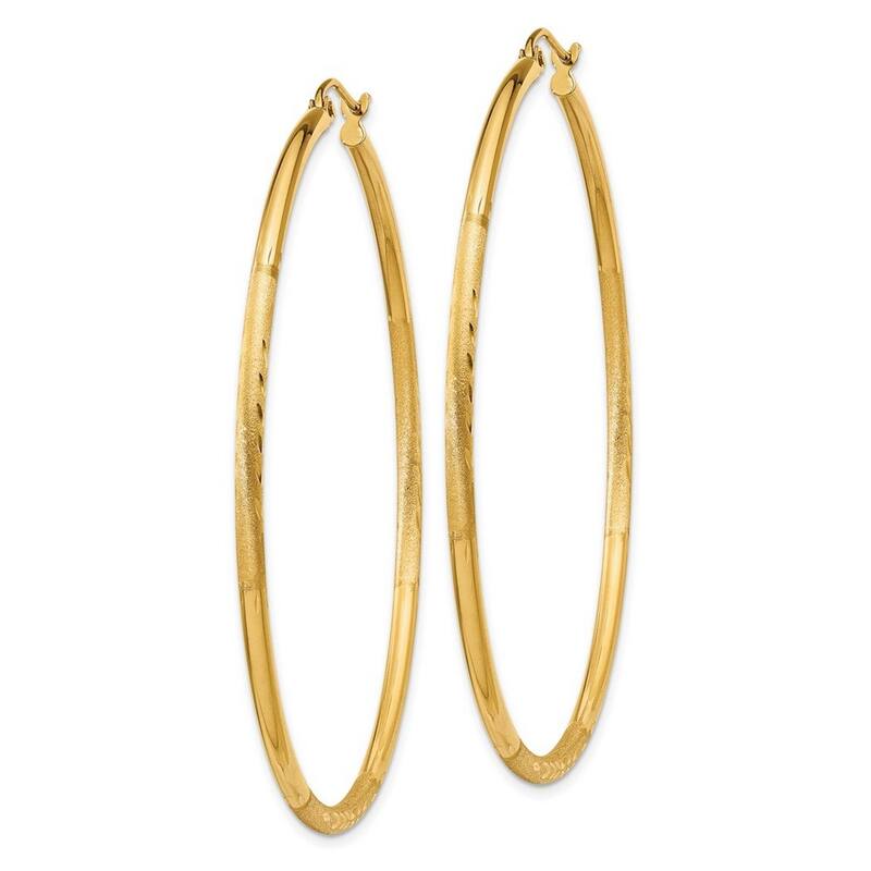 Curata 14k Yellow Gold Satin and Sparkle Cut 52x2mm Round Tube Hoop Earrings