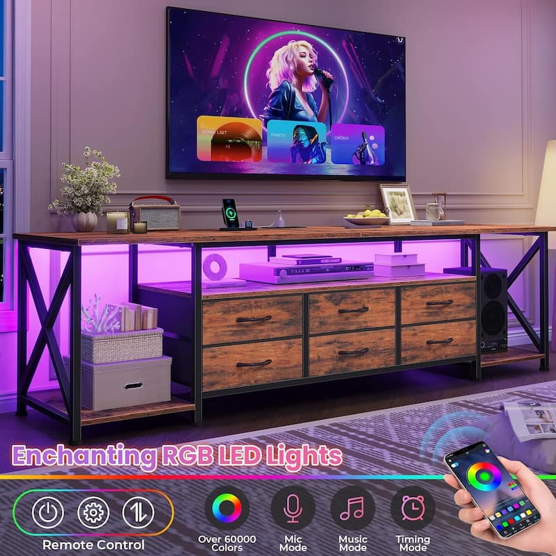 TV Stand with LED Lights Power Outlets Dresser Fabric Drawers Entertainment Center