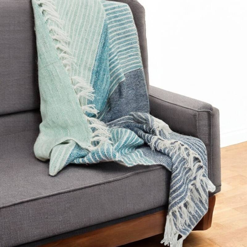 HomeRoots 50" X 60" Aqua Blue Teal And Ivory Recycled PET Woven Stripe Throw Blanket with Tassels