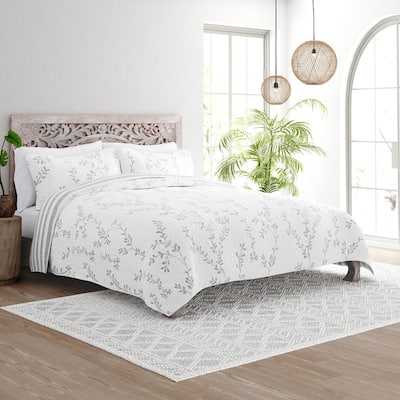 Soft Essentials All Season 3 Piece Sprouting Vines Stripe Reversible Quilt Set with Shams