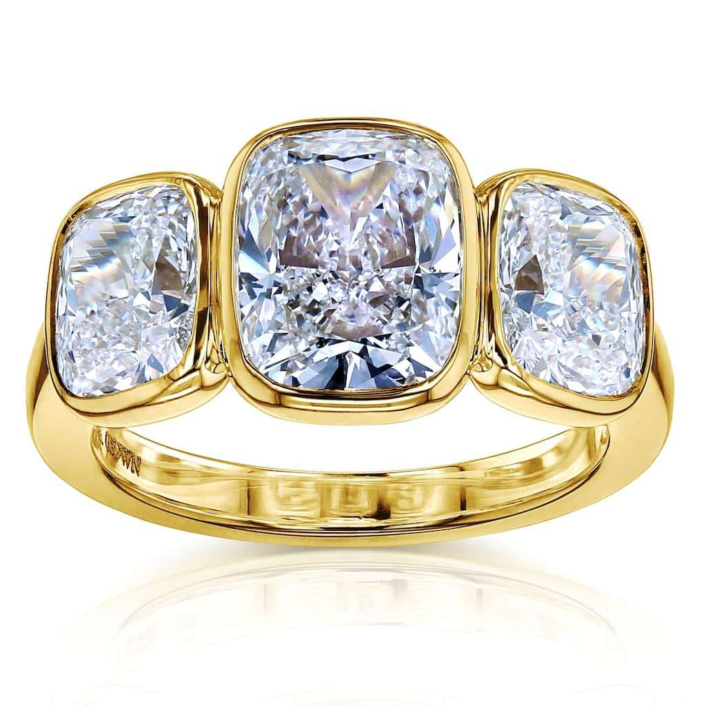 Kobelli 6 Carats Lab Grown Diamond Solid 14k Gold Elongated Cushion 3-Stone Bezel Croft Ring