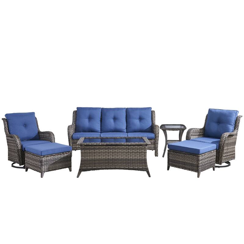 Pocassy Outdoor 7PCS 3-Seat Sofa Swivel Chairs Table Ottoman