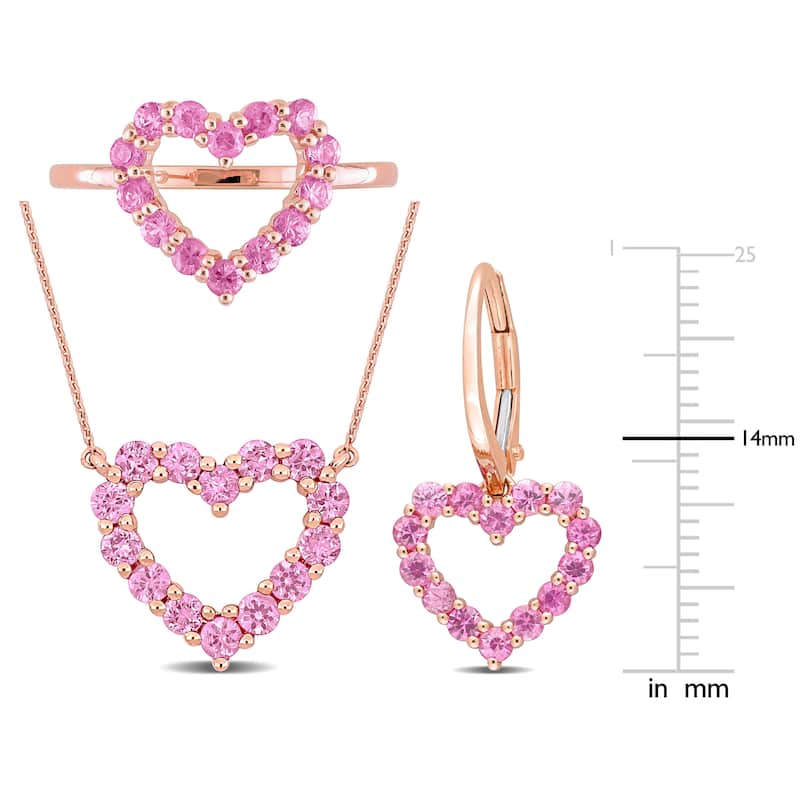 Miadora 3 1/5ct TGW Pink Sapphire 3-Piece Jewelry Set - Heart Necklace Earrings Ring 10k Rose Gold