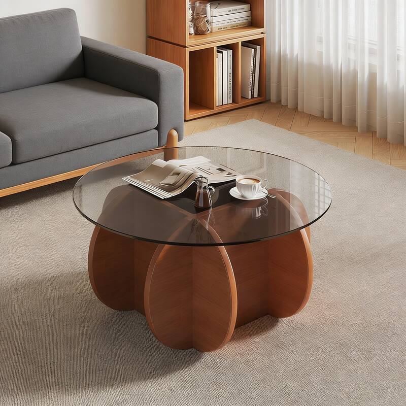 31.5" Mid-Century Modern Round Coffee Table with Tempered Glass Top & Walnut Wood
