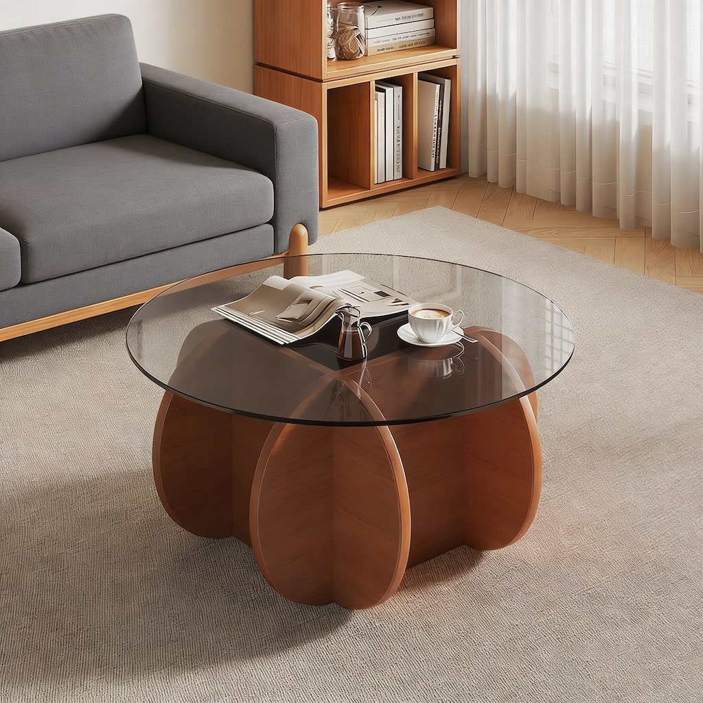 Modern Round Coffee Table for Living Room, Mid Century Center Table with Tempered Glass Top and Wood, Walnut