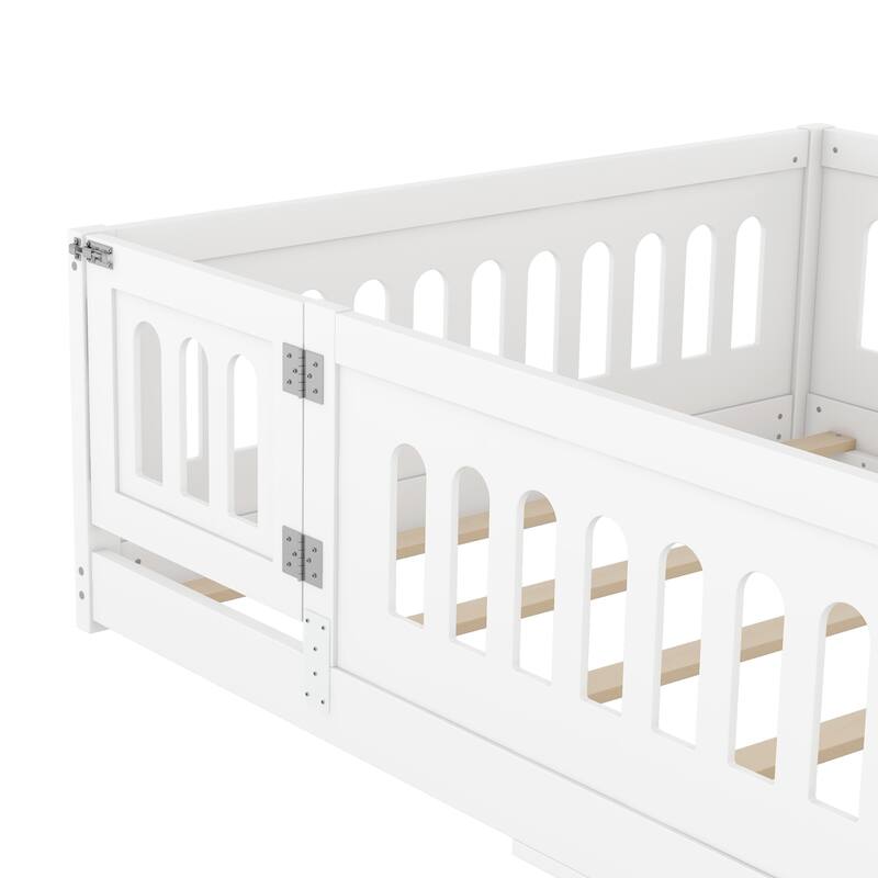 Full Size Floor Bed with Slats, Solid Wood Bedframe with Heightened Safety Guardrails and Door