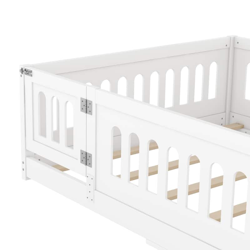 Solid Wood Montessori Floor Bed with Fence & Doors, Wood Slats Support