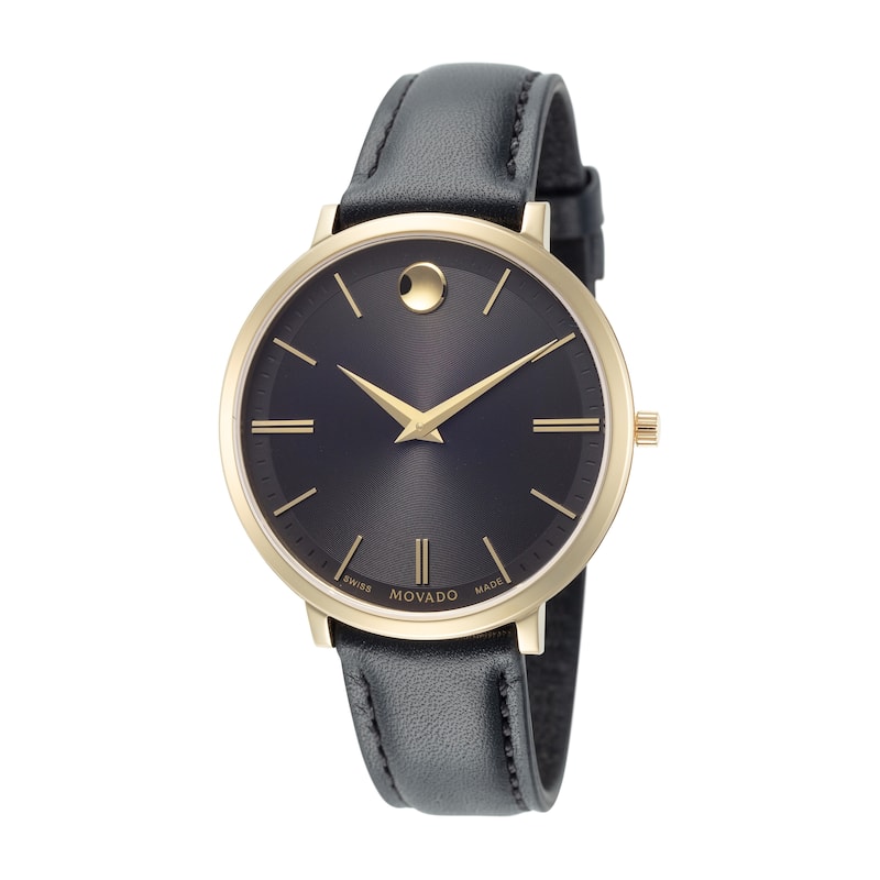 Movado Women's Ultra Slim 35mm Black Dial Leather Quartz Watch - One Size