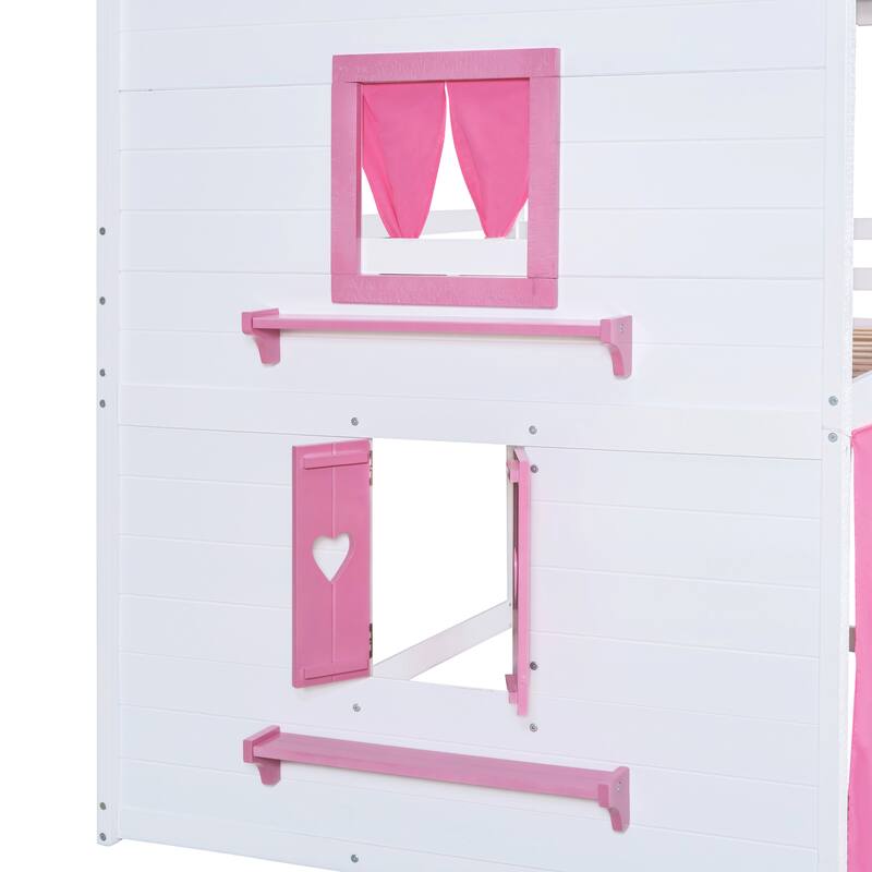 Full Size Wooden Bunk Bed with Elegant Windows and Tent Design in Pink and White