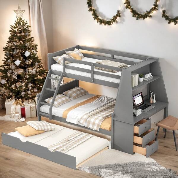 slide 2 of 34, Artsy Twin over Full Bunk Bed with Trundle and Convenient Built-in Desk, Three Storage Drawers and Shelf Grey