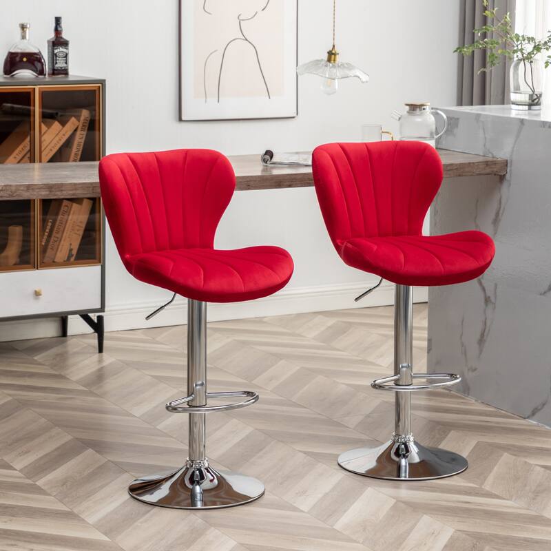 Set of 2 Adjustable Swivel Barstools with Upholstered Bucket Seats and Chrome Footrest.