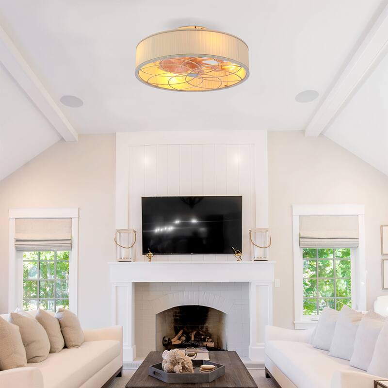 20" Farmhouse Fabric Matte White Bladeless Flush Mount Ceiling Fan With Light and Remote