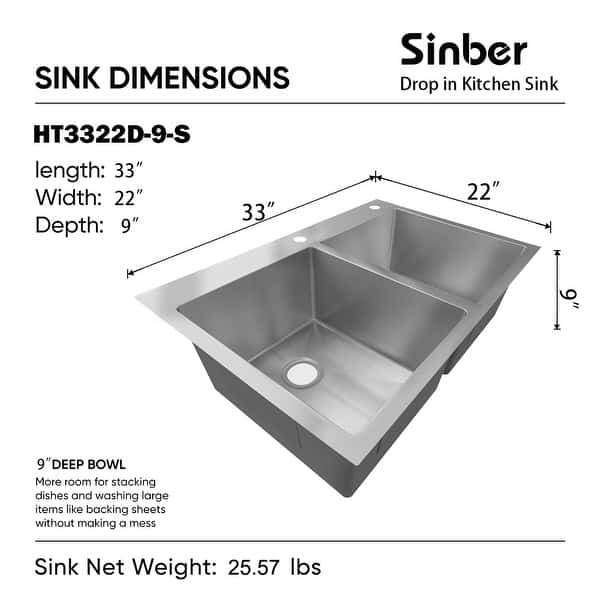 dimension image slide 1 of 8, Sinber Drop in Double Bowl 304 Stainless Steel Kitchen Sink