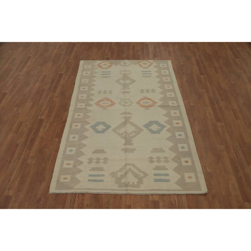 Hand Woven Oriental 100% Wool Carpet Southwestern Tribal Beige & Ivories Kilim Area Rug - 7' 8'' X 4' 10''