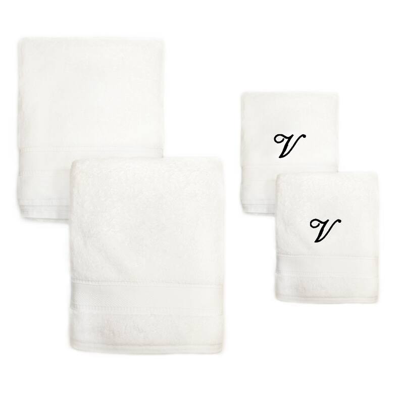 Authentic Hotel and Spa 4-piece White Turkish Cotton Towel Set with Black Monogrammed Initial Hand Towel - White - V