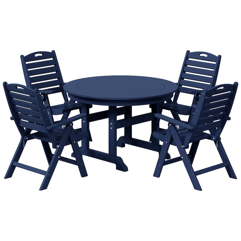 Polytrends Laguna 5-Piece Round Table Folding Highback Chair Dining Set - Navy Blue
