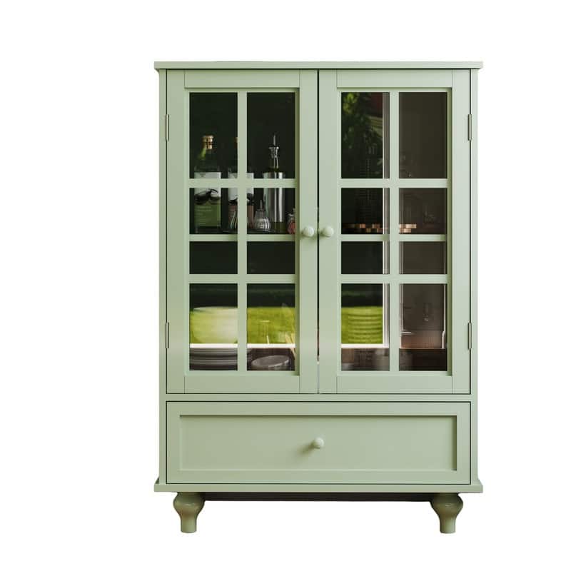 A Minimalist Buffet Cabinet with Double Glass Doors and a Drawer, Offering Modern Wooden Storage Solutions . - Green