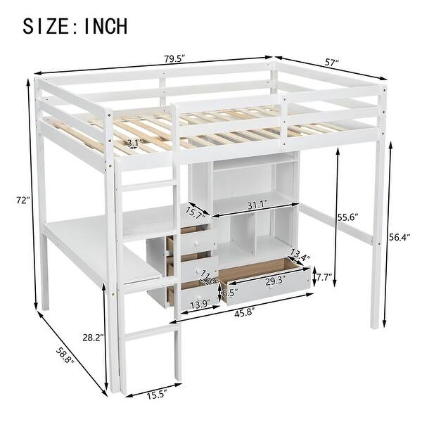 dimension image slide 1 of 2, Full Size Loft Bed with Bulit-in L-Shaped Desk and Ladder, Wooden High Loft Bedframe with Storage Drawers and Shelves