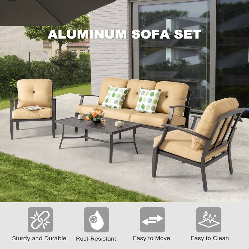 4-Piece Patio Conversation Set with Cushions, Aluminum Frame, Ginger