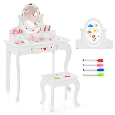 Gymax Kid Vanity Table Stool Set Dual-use Rotatable Mirror Whiteboard