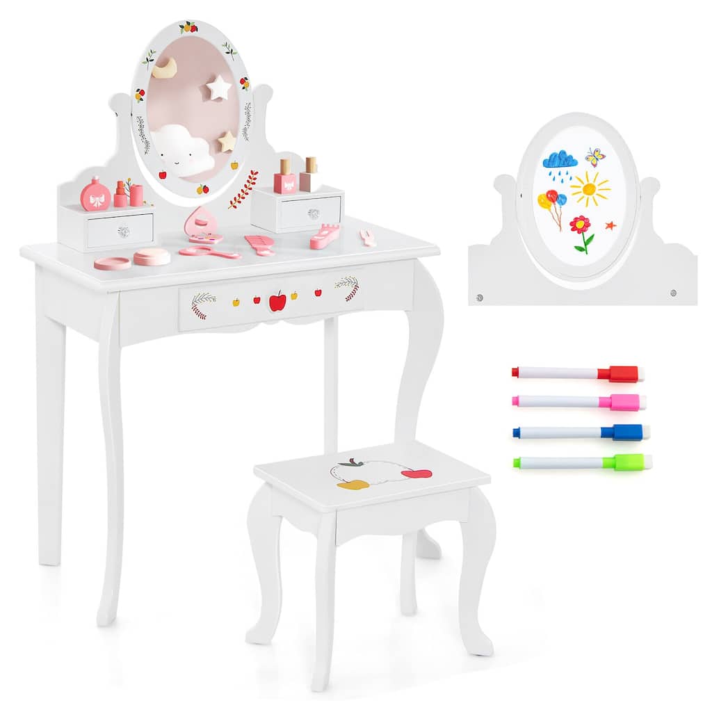 Gymax Kid Vanity Table Stool Set Dual-use Rotatable Mirror Whiteboard