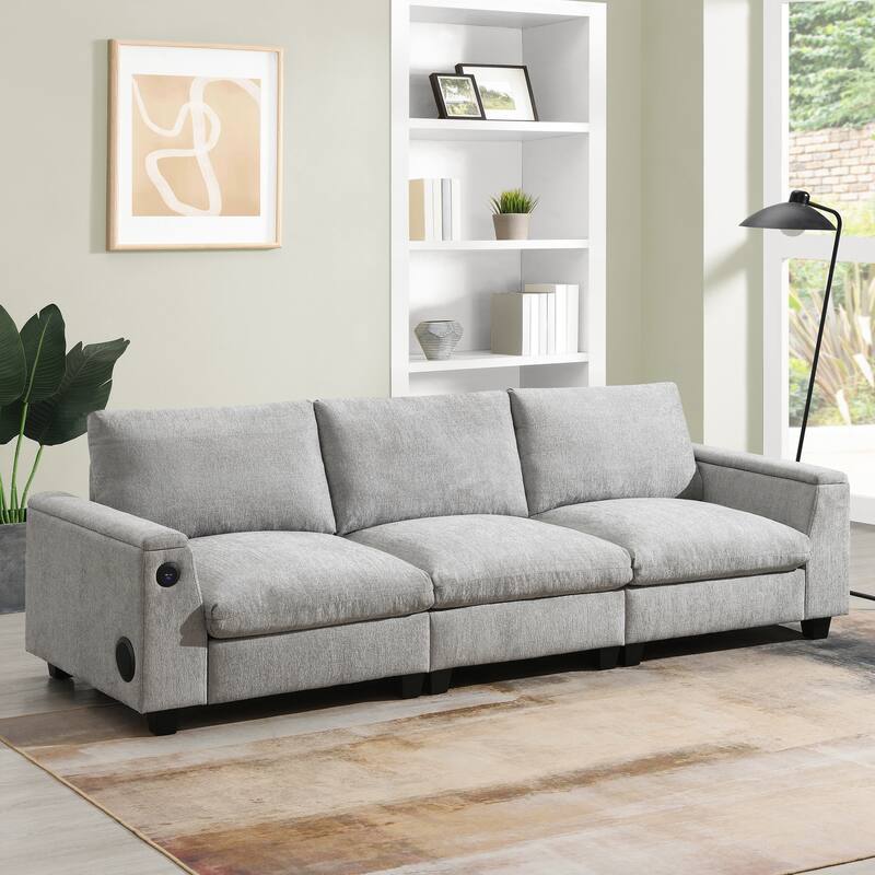 Chenille Sectional Sofa With Bluetooth Speaker,Cloud Couch Set With Drop Down Table,Cup Holders,Usb Charger,Storage Armrest