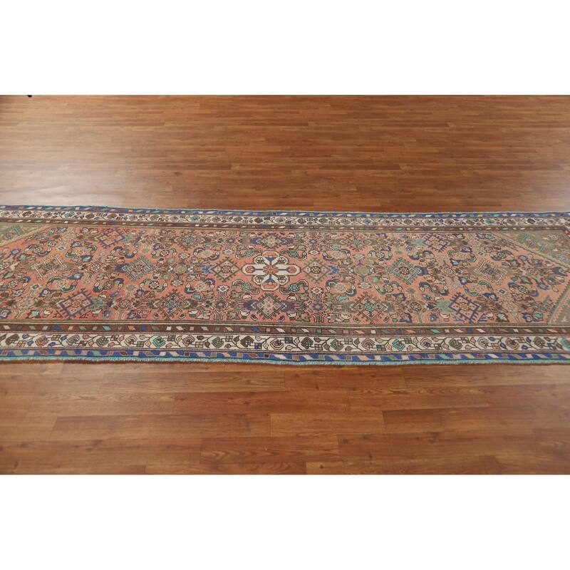 Hand Knotted Oriental 100% Wool Carpet Traditional Geometric Coral Hamedan Runner Rug - 10' 4'' X 3' 3''