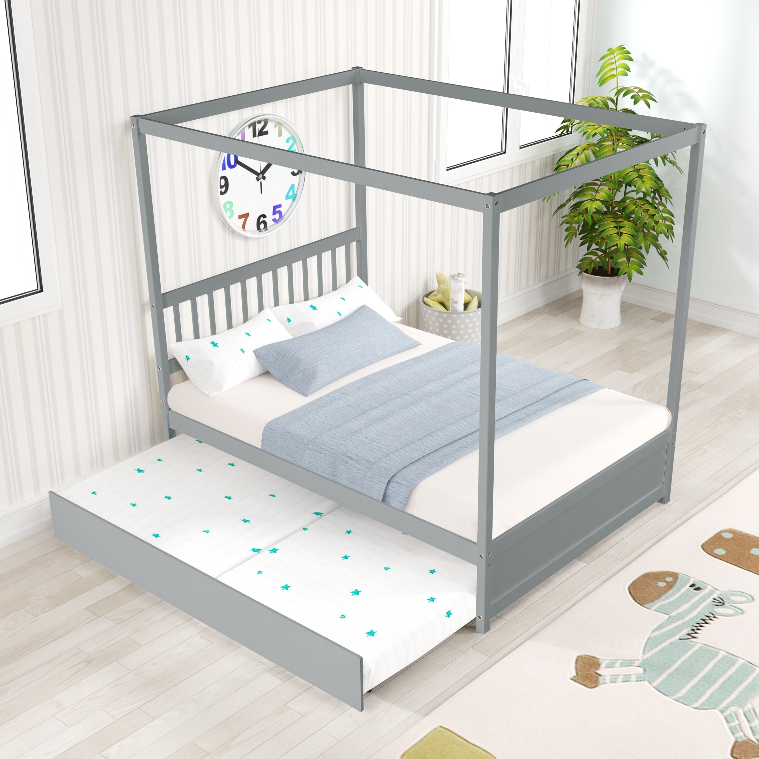 Kids Solid Wood Canopy Platform Bed with Trundle and Headboard White