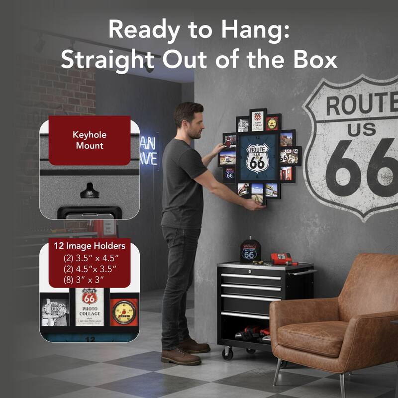 American Art Decor Picture Frame Collage Wall Clock 12 Photo Display Slots