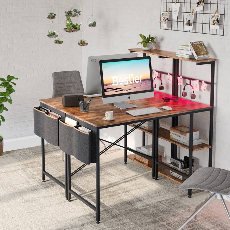 Computer Desk Home Office Desk with LED & Adjustable Shelves