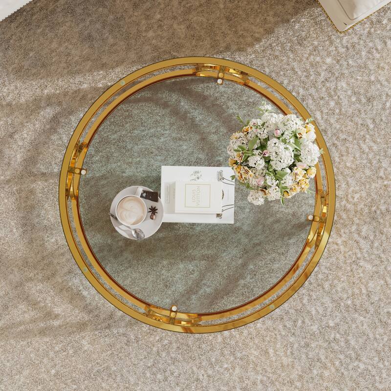 Glass Coffee Table Round Living Room Table, Luxurious Storage Table with Lower Shelf, 30.7" Center Table with Tempered Glass Top