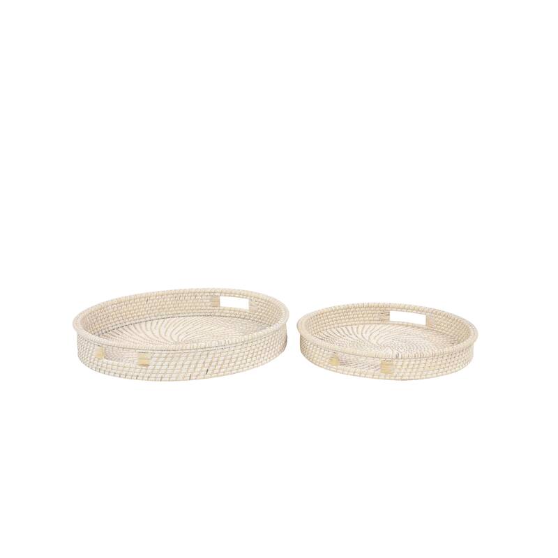 Cream Rattan Living Room Decor Tray with Slot Handles (Set of 2) - 20 x 20 x 3Round