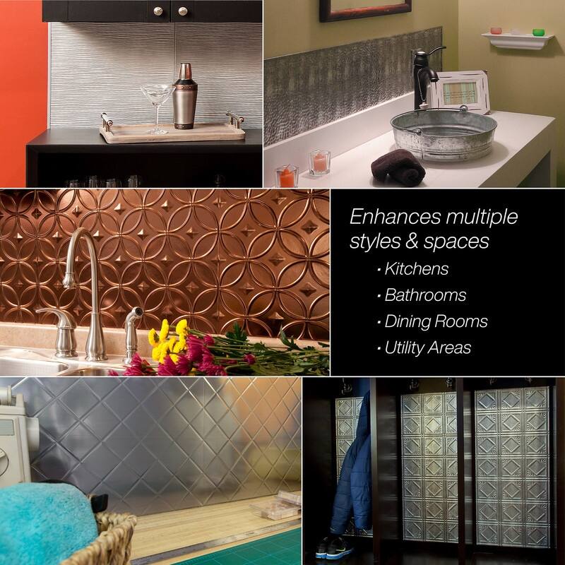 Fasade Traditional Style/Pattern 4 Decorative Vinyl 18in x 24in Backsplash Panel in Crosshatch Silver