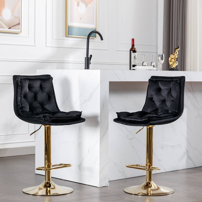 Set of 2 Bar Stools,with Chrome Footrest,Base Swivel Height Adjustable Mechanical Lifting Velvet + Golden Leg Simple Bar Stool