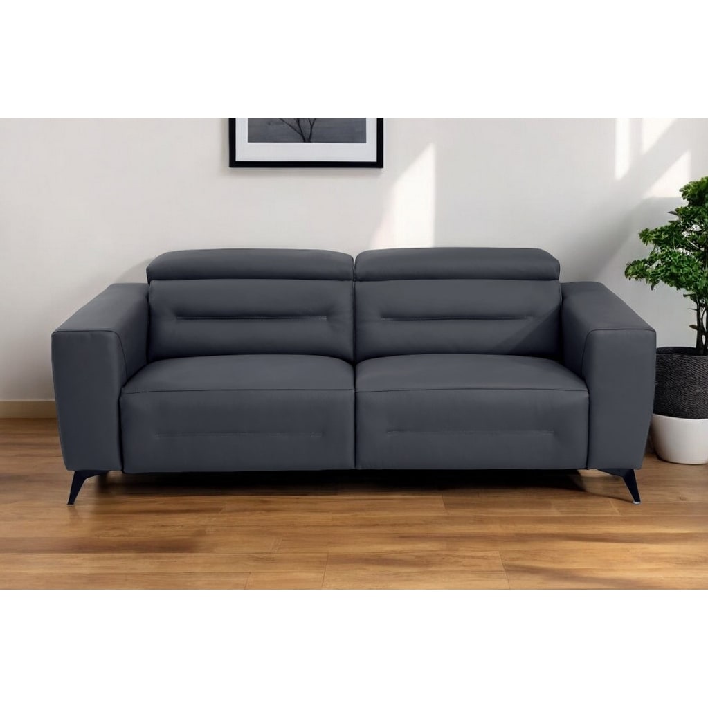 HomeRoots 83" Gray Italian Leather USB Reclining Sofa With Black Legs