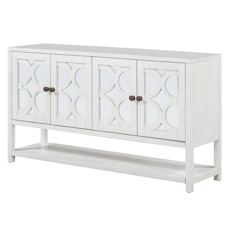 Antique White Sideboard Storage Cabinet with Mirrored Doors & Open Storage Shelf, Console Table Display Case for Living Room