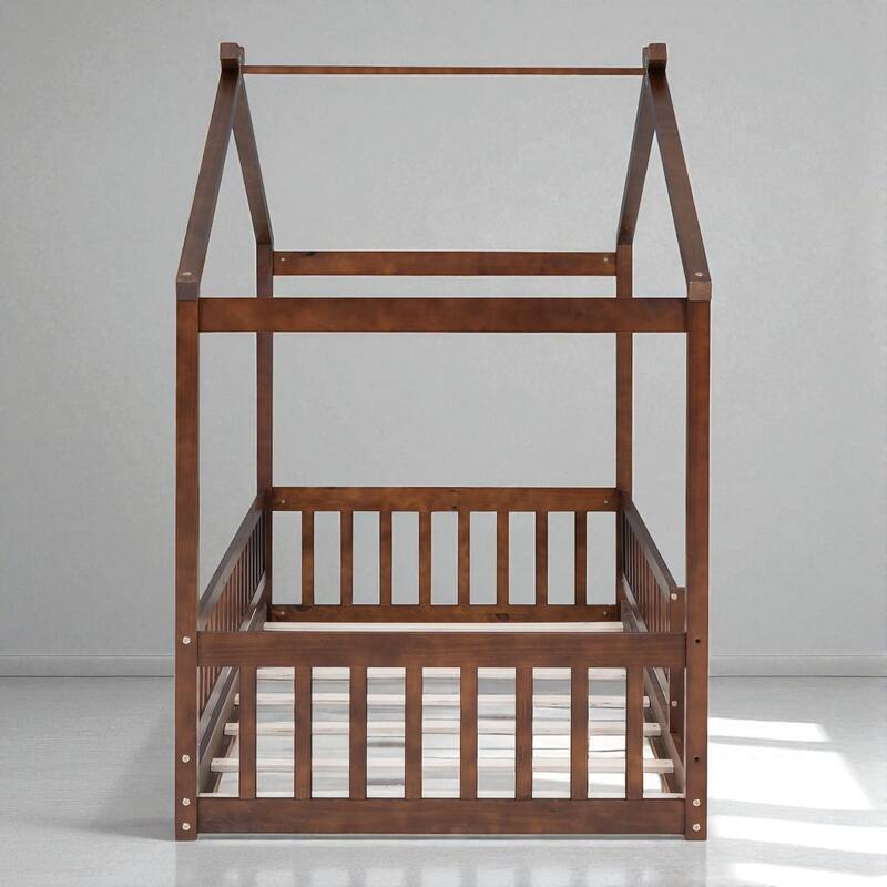 Twin/Full Size Wooden House Bed Frame with Fence and Roof, Playhouse Style for Kids and Teens