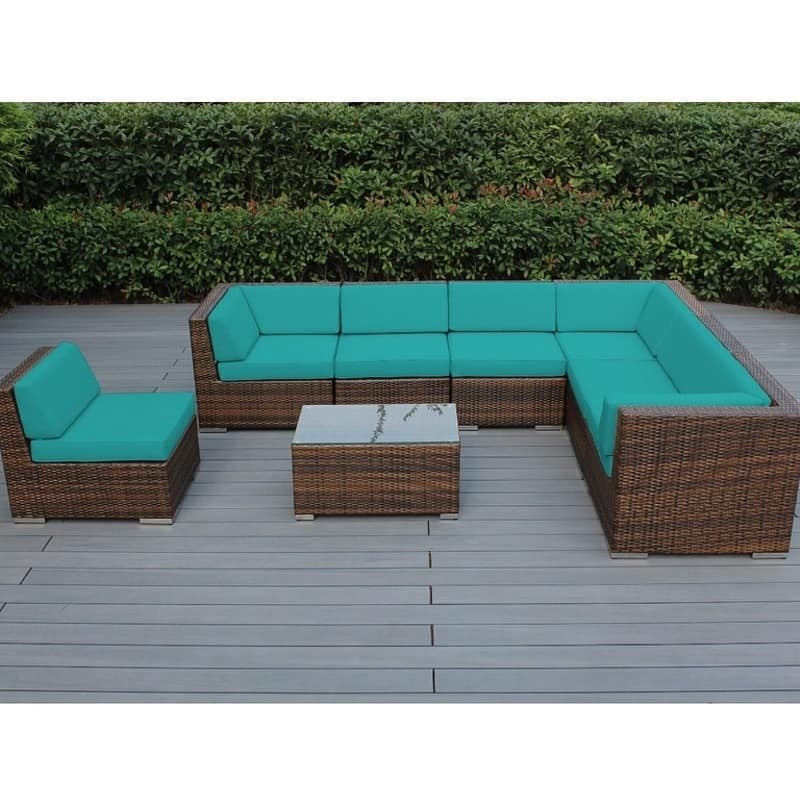 Ohana Outdoor Patio 8 Piece Mixed Brown Wicker Sectional with Cushions - No Assembly