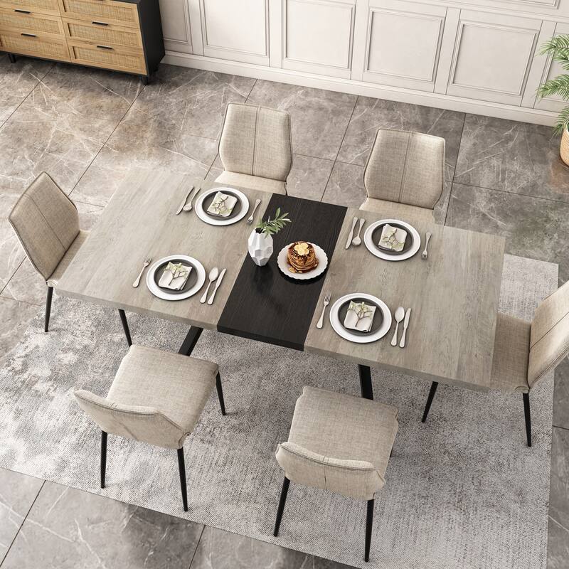 62.99"- 78.74" Rectangular Stretch Dining Table With Wooden Tabletop and Embossed Centerboard, Fine Sanded Iron Leg Base Stretch - Grey
