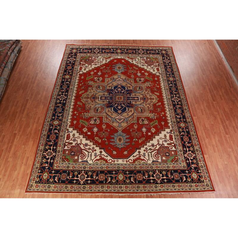 Orange Medallion Heriz Serapi Large Rug Hand-Knotted Wool Carpet - 11'8" x 15'3"