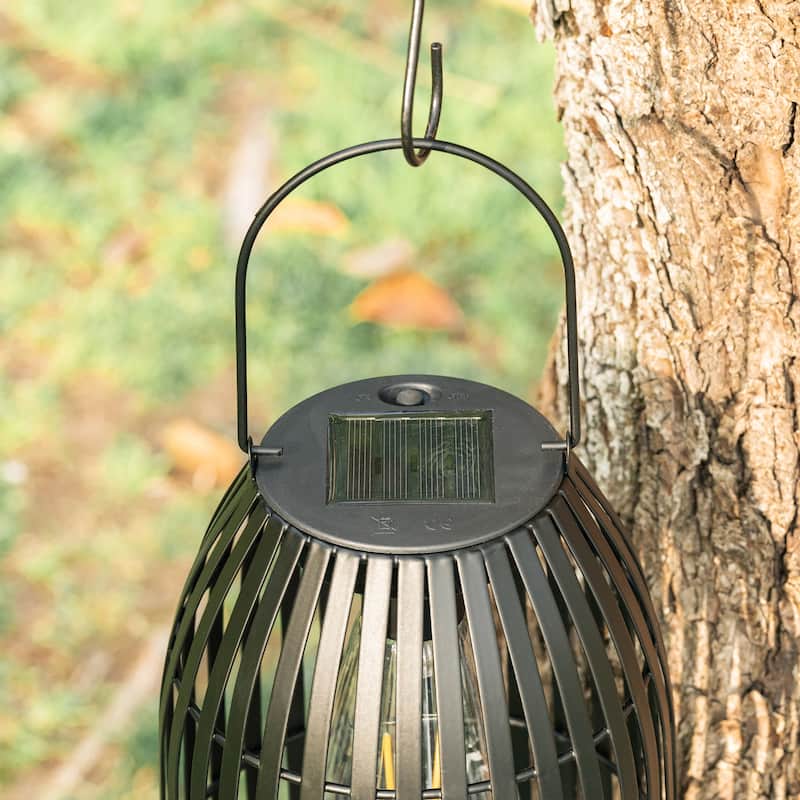 Glitzhome Set of 2 9.75"H Black Striped Outdoor Solar Hanging Lantern