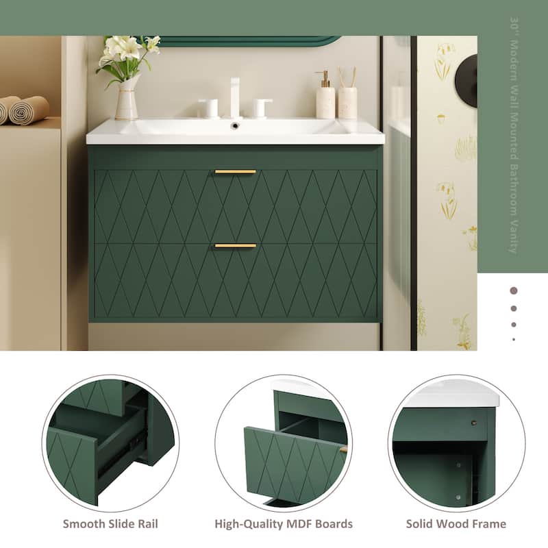 30" Wall Mounted Bathroom Vanity with Resin Sink, Floating Solid Wood Frame Bathroom Storage Cabinet with 2 Drawers - 30 Inch