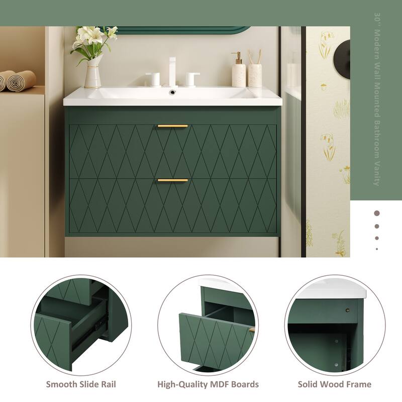Roomfitters 30" Floating Bathroom Vanity with Resin Sink, Wall Mounted Storage Cabinet with 2 Drawers, Green